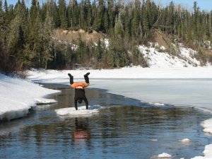 Its all fun and games until somebody gets wet!  Hopefully the Pontax will be more solidly frozen than this March, 2010 waterway! 