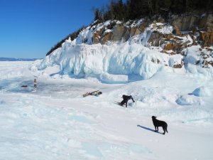 Conor hauls up a steep pitch of ice on the Lake Superior Coast!